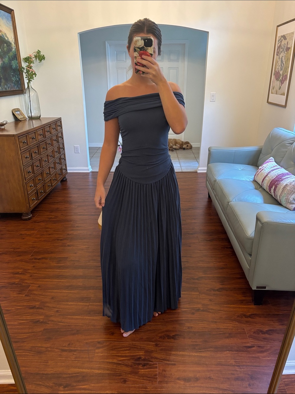 REVOLVE Off-Shoulder Pleated Maxi Dress in Charcoal - Picture 2 of 5